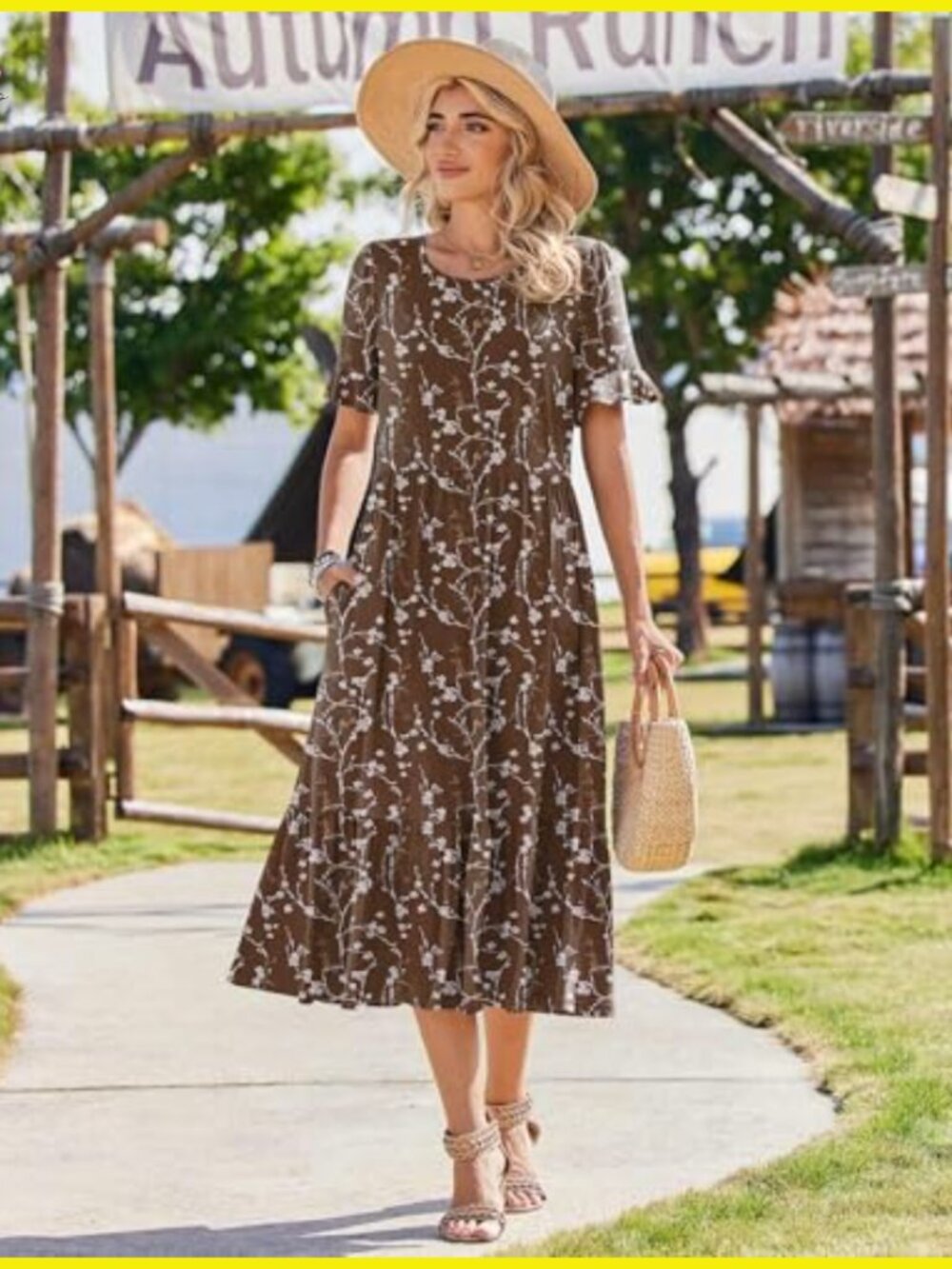 Flowy Midi Sundress Boho Tiered Ruffle Sleeve Casual Summer A-Line Dress - Picture 3 of 7
